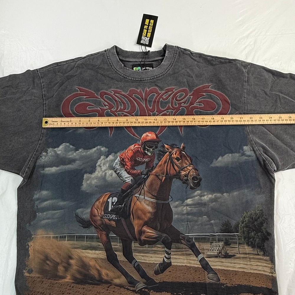 Godspeed Skeleton Horse Racing Graphic T-Shirt Charcoal Grey Mineral Wash New - Picture 6 of 14